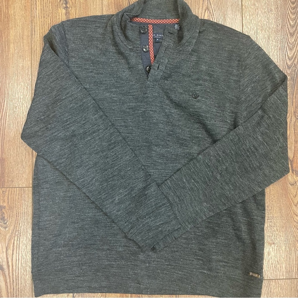Ted Baker London Men’s 6 2XL Dark Grey Merino 1/4 Sweater W/ Contrast Tape